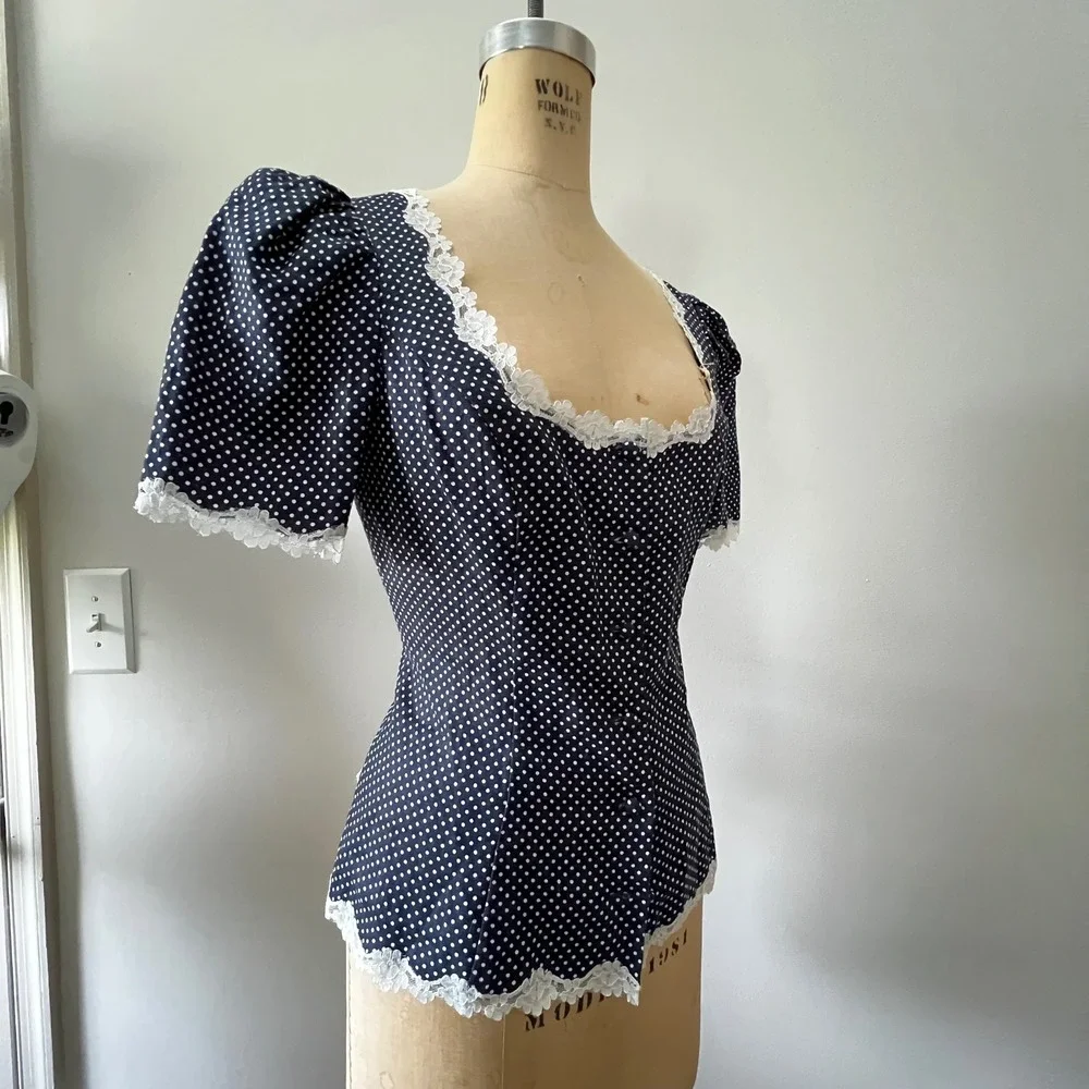 Reformation Anabella Polka Dot Linen Lace Trim Puff Sleeve Button Front Top S/M
